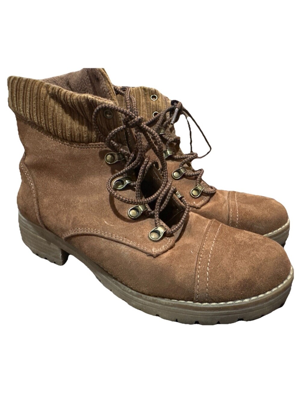 Women’s Brown Lace Up Combat Boots Sweater Cuff Faux Suede 8.5